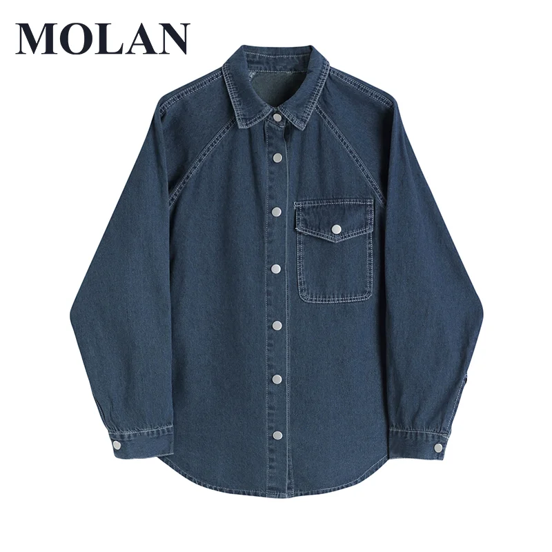 

MOLAN Fashion Woman Denim Jacket Oversize Singal Breasted Lapel Vintage Blue Casual Thick Jean Top Loose Female Denim Coat