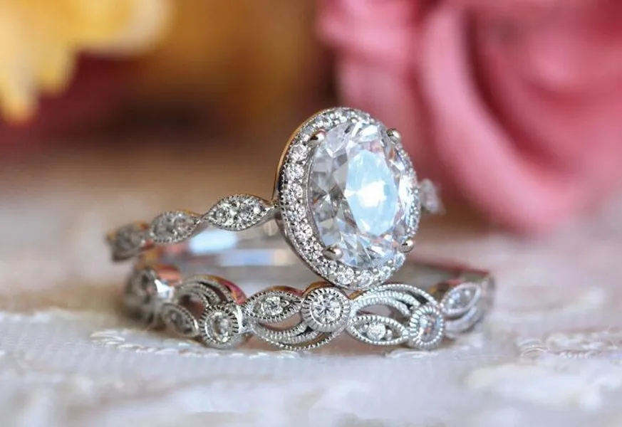 

New Arrival Vintage Jewelry Couple Rings 925 Sterling Silver&Rose Gold Fill Oval Cut White Topaz CZ Diamond Women Bridal Ring