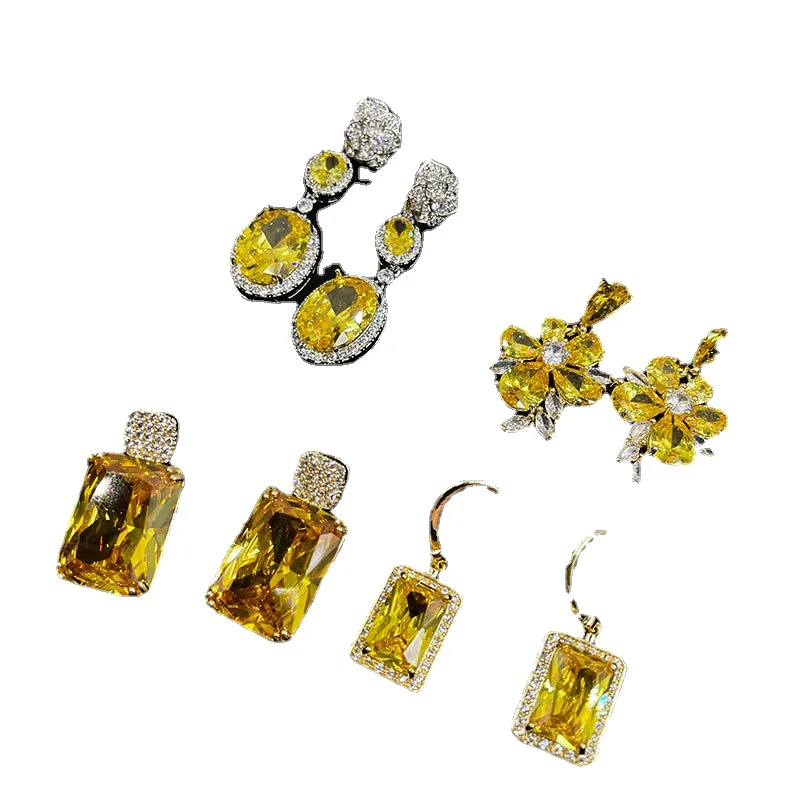 

2021 New Hot Style Luxury Yellow Zirconium Drop Earrings 18k Gold Inlaid Diamonds Women's Diamond Jewelry Popular Accessories