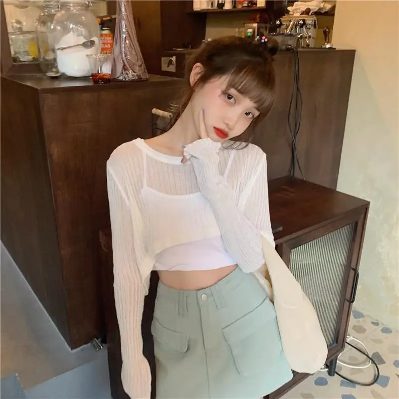 Футболка женская с длинным рукавом простой вязаный Топ для колледжа ажурная