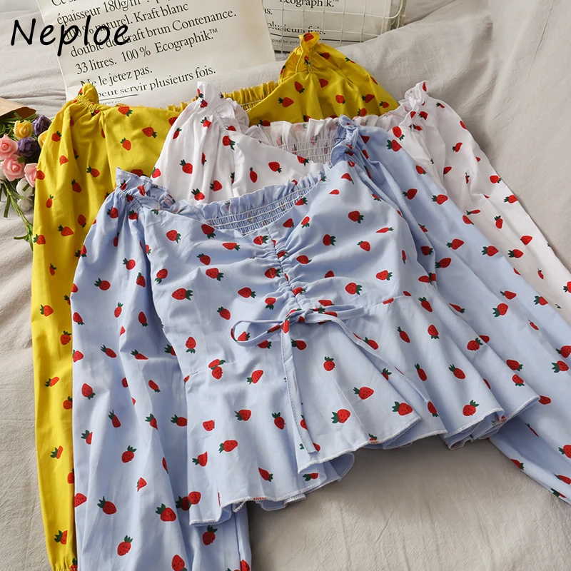 Женская блузка с принтом клубники Neploe плиссированная в стиле пэчворк вырезом