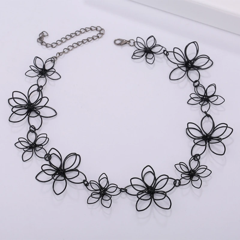 

87HC Flower Necklace Short Choker Floral Black Jewelry Women Clavicle Chain Statement