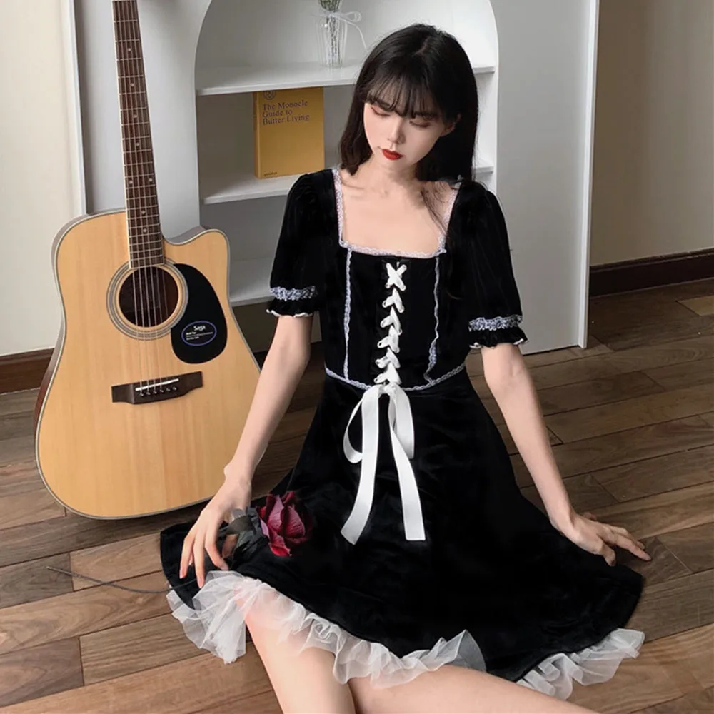 

High Street Fashion Temperament 2021 Summer Women's Dress Casual Hipster Bandage Lace Splicing Square Collar Puff Sleeve