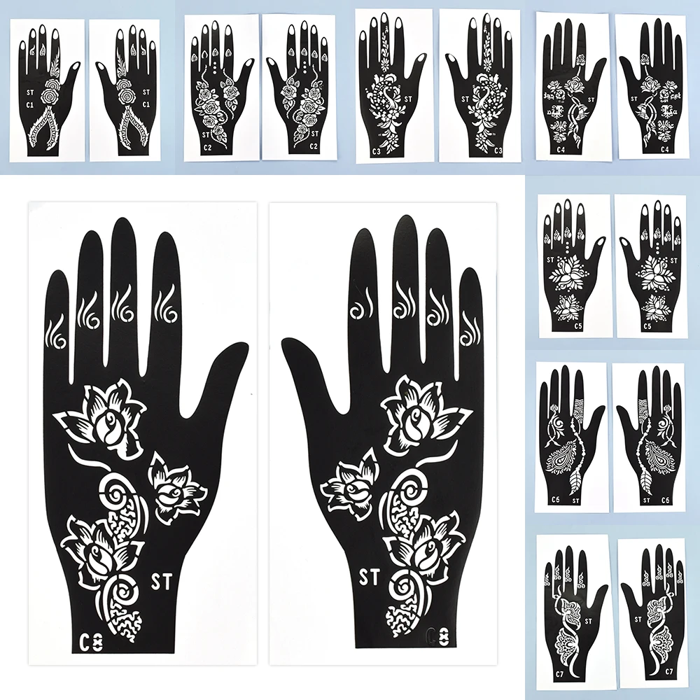 2Pcs/Set Henna Stencil Temporary Hand Tattoo Body Art Sticker Hollow Drawing Template Wedding Tool India Flower Tattoo Stencil
