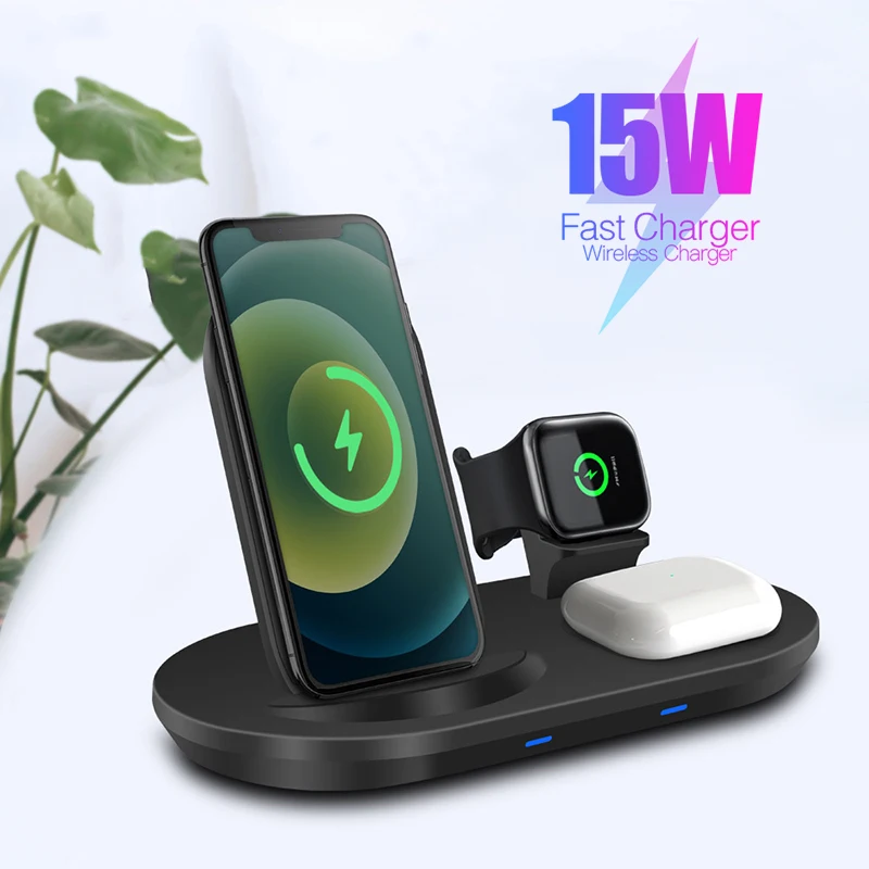 

3 в 1 15Вт магнитное Беспроводное зарядное устройство мобильный телефон Быстрая Зарядка Док-станция для iPhone 12 Mini Pro max Apple AirPods часы 6 5 4