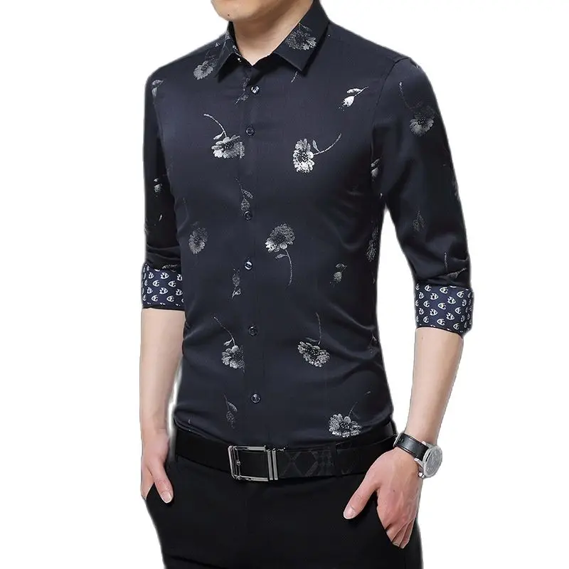 Рубашка мужская деловая с длинным рукавом модная одежда принтом черный синий