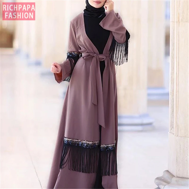 Дубай Abaya кимоно искусственное мусульманское платье Женский кафтан пальто с