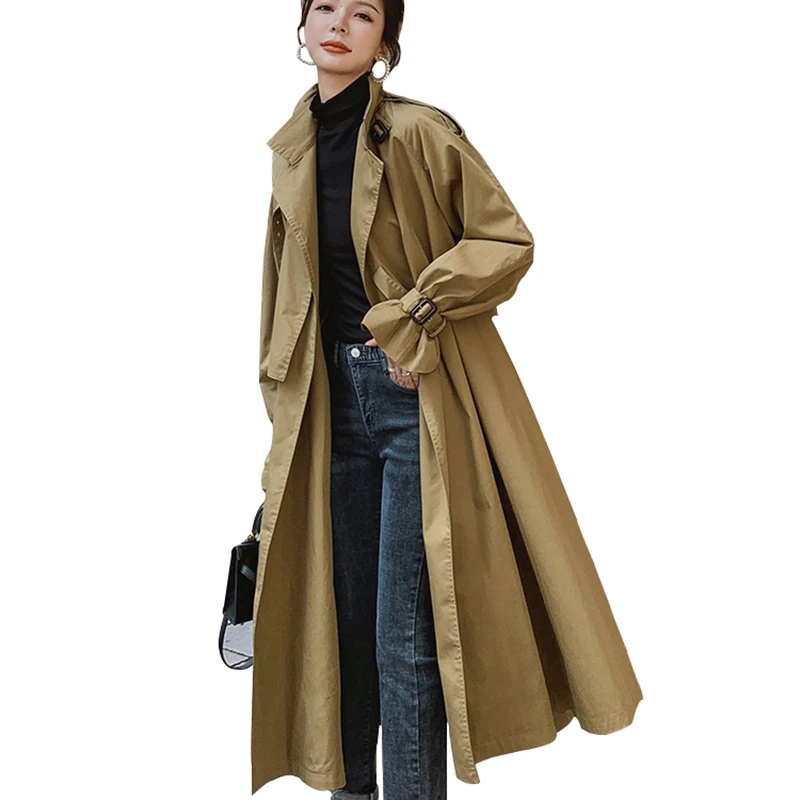 

Autumn Winter Women Khaki Loose Trench Coat 2019 New Tied Waist Overknee Windbreaker Elegant Mujer Plus Size Long Coat Ly54