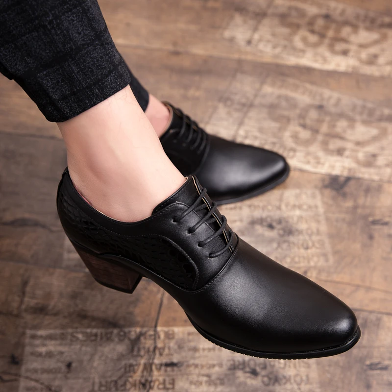 

Misalwa New Arrival Height Increasing Men Fashion Pointed Toe Leather Shoes British Style Embossing Square High Heel Male Shoes