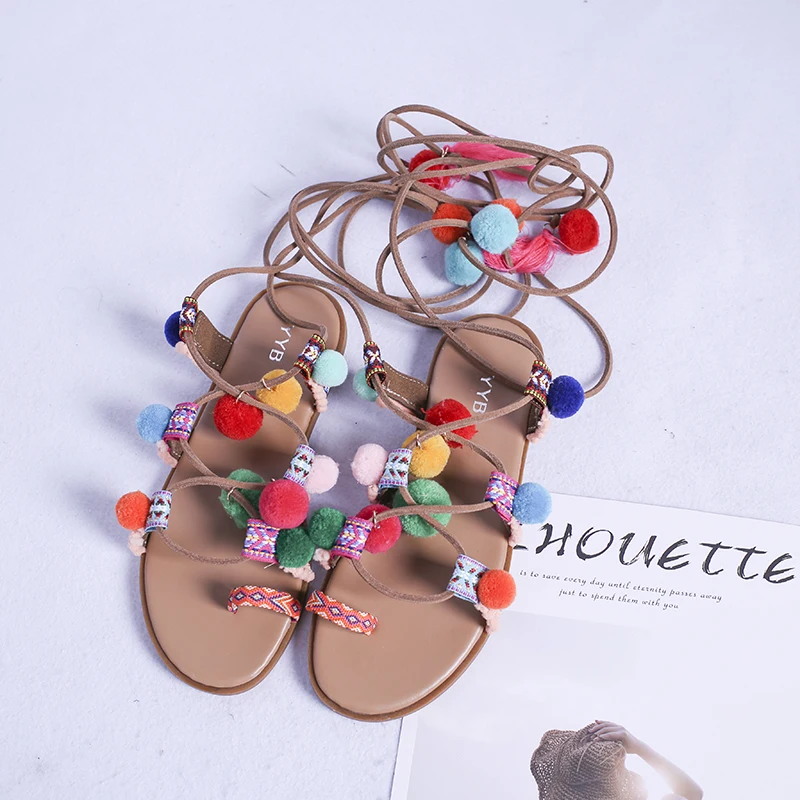 Летние женские модные сандалии выше колена с помпонами и сеткой красного цвета