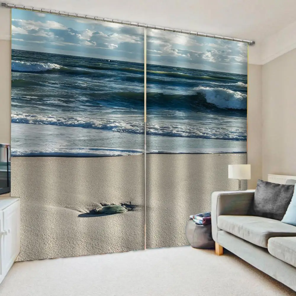 

Customized size Luxury Blackout 3D Window Curtains blue beach curtains soundproof windproof curtains