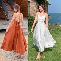 women long satin backless slip dress sundress summer 2022 runway boho vintage korean fairy beach vacation party night vestidos