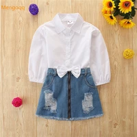 toddler kids baby girls autumn spring solid bow single breasted top shirts denim shorts pants children clothes set 2pcs 1 6y