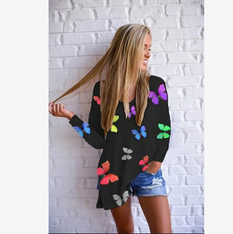 

Autumn and winter new butterfly print V-Neck long sleeve T-shirt