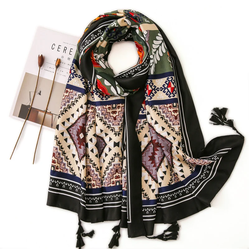 Весенний теплый женский большой хиджаб шарф с узором Тотем Этническая длинная