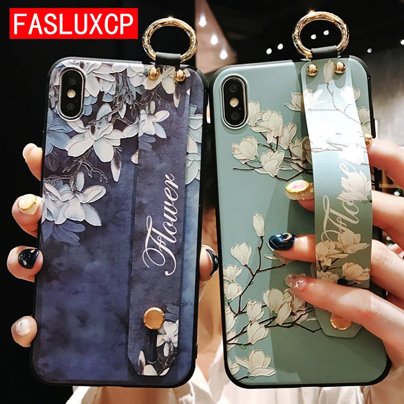 Розовый напульсник чехол для телефона Etui iPhone 11 Pro Мягкий ТПУ Цветок накладка держатель для телефона для iPhone 7 8 6 6S Plus X XS XR XSMax Funda