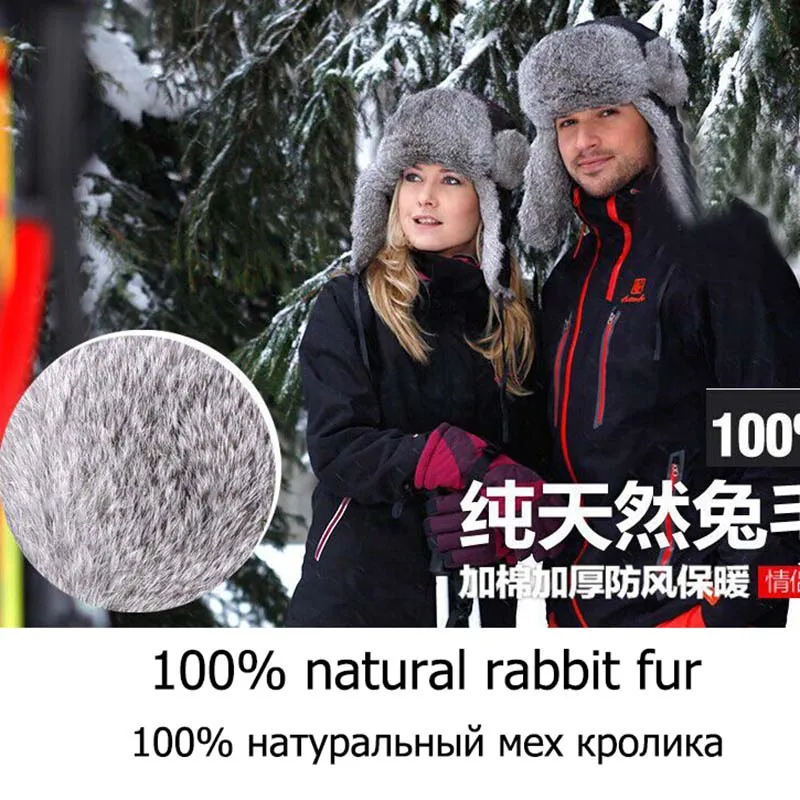 Top Quality Men's Bomber Hat With Ears Women Winter 100% Rabbit Fur Hat Warm Russian Hat gorros