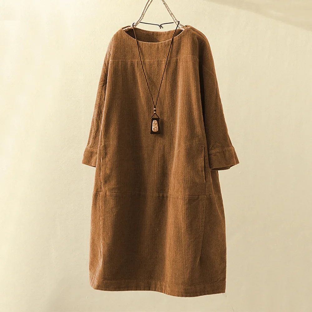 

2021 New women dress plus size 6l long winter printed Sleeve corduroy women's round neck medium length vestido spring autumn