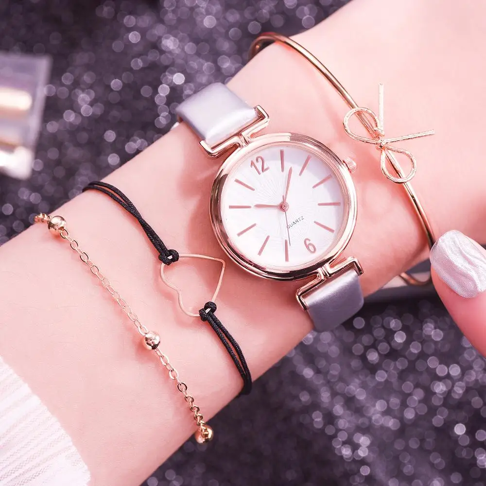 4 предмета в комплекте новые модные простые женские кварцевые часы повседневные