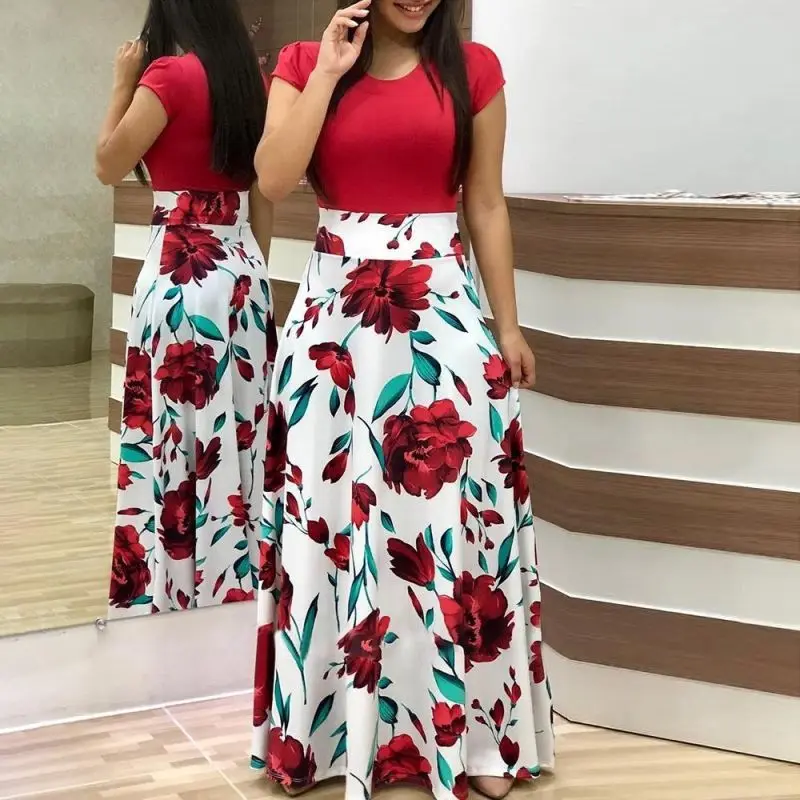 

New 2021 Summer Plus Size Women's Print Stitching Flower Long Banquet Dress Bodycon Dress Elegant Sexy Woman Super Long Dress