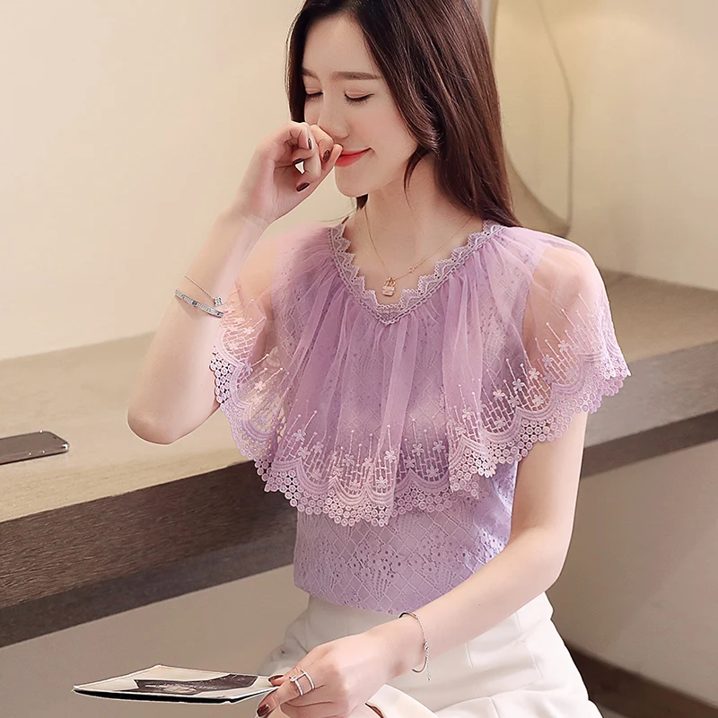 

Fashion Lace Solid color Casual Ladies Shirt ladies tops Women Short Sleeve 2021Korean style Blouse
