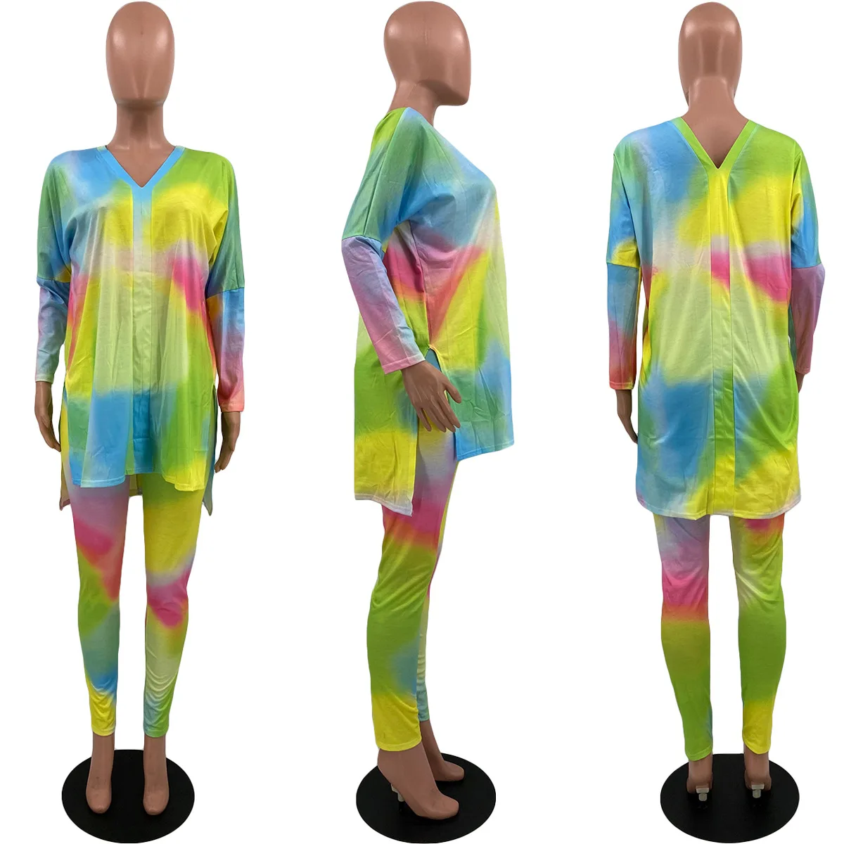 

FNOCE 2020 autumn women's sets tracksuits street fashion tie-dye long sleeve V-neck loose tops tight trousers two-piece set suit