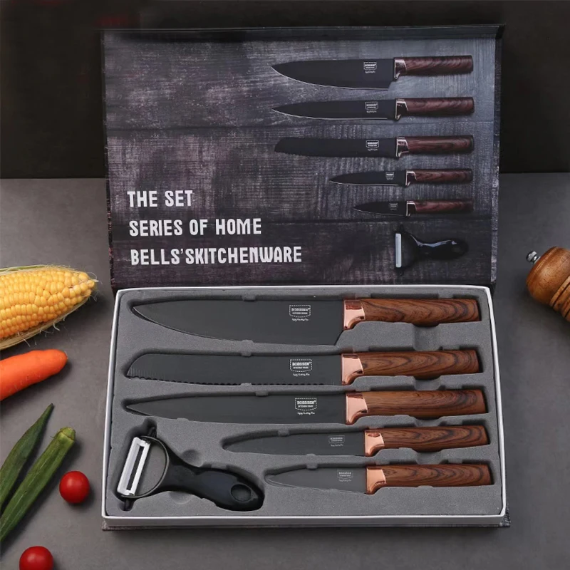 

Многофункциональный кухонный нож, черное лезвие, ручка, набор кухонных ножей из нержавеющей стали для мяса, рыбы, фруктов, шеф-повара