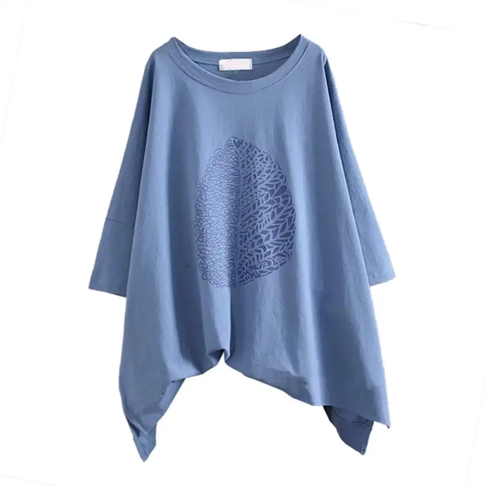 

2021 Summer Women Blouses Casual 3/4 Sleeve O Neck Leaf Print High Low Hem Loose Top Women's Clothing рубашка женская