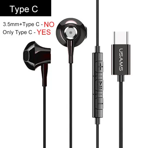 Black Type C USAMS наушники-вкладыши 3,5 мм/type C металлические Hifi микрофон с проводной гарнитурой 4D стерео проводные наушники для iPhone 6S se samsung Xiaomi - Цвет: Black Type C
