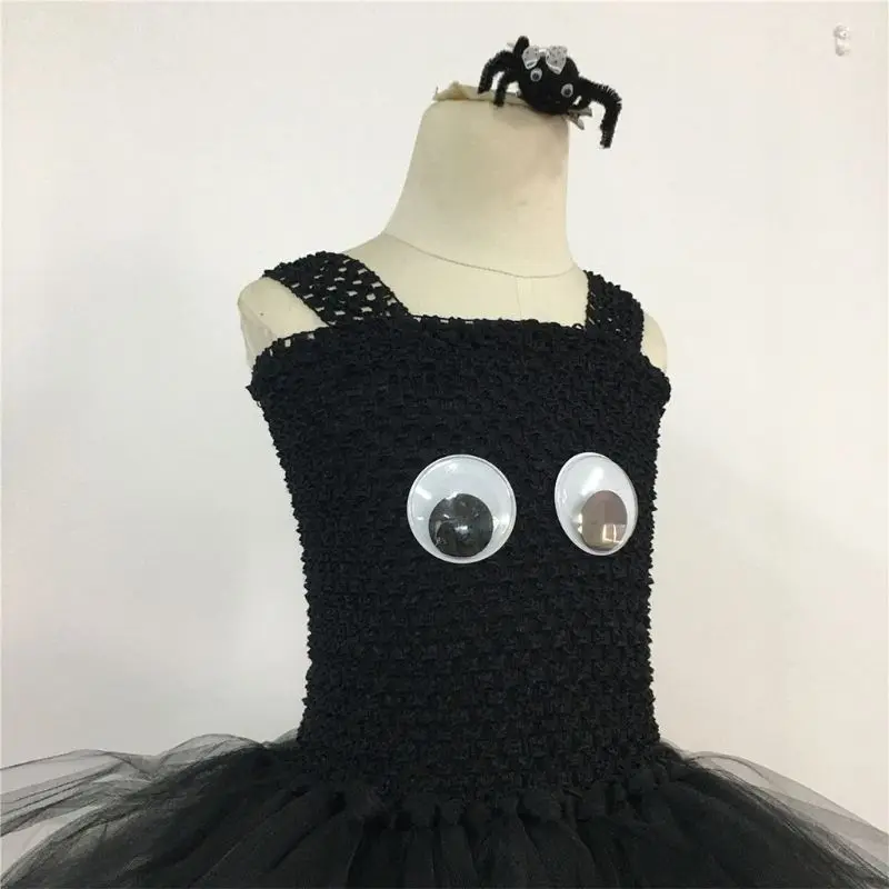 

Little Girls Halloween Black Spider Cat Cosplay Tutu Dress with Hair Accessories Sleevelss Crochet Cartoon Party Costume 2-10Y