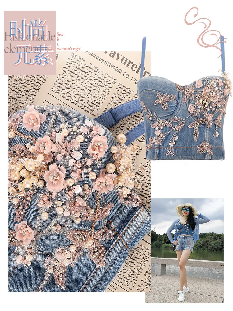 Pearl Diamond Stitching Luxury Women Tank Tops Sling Sexy Backless Crop Top High Street Banquet Nightclub Female Cowboy Top Vest