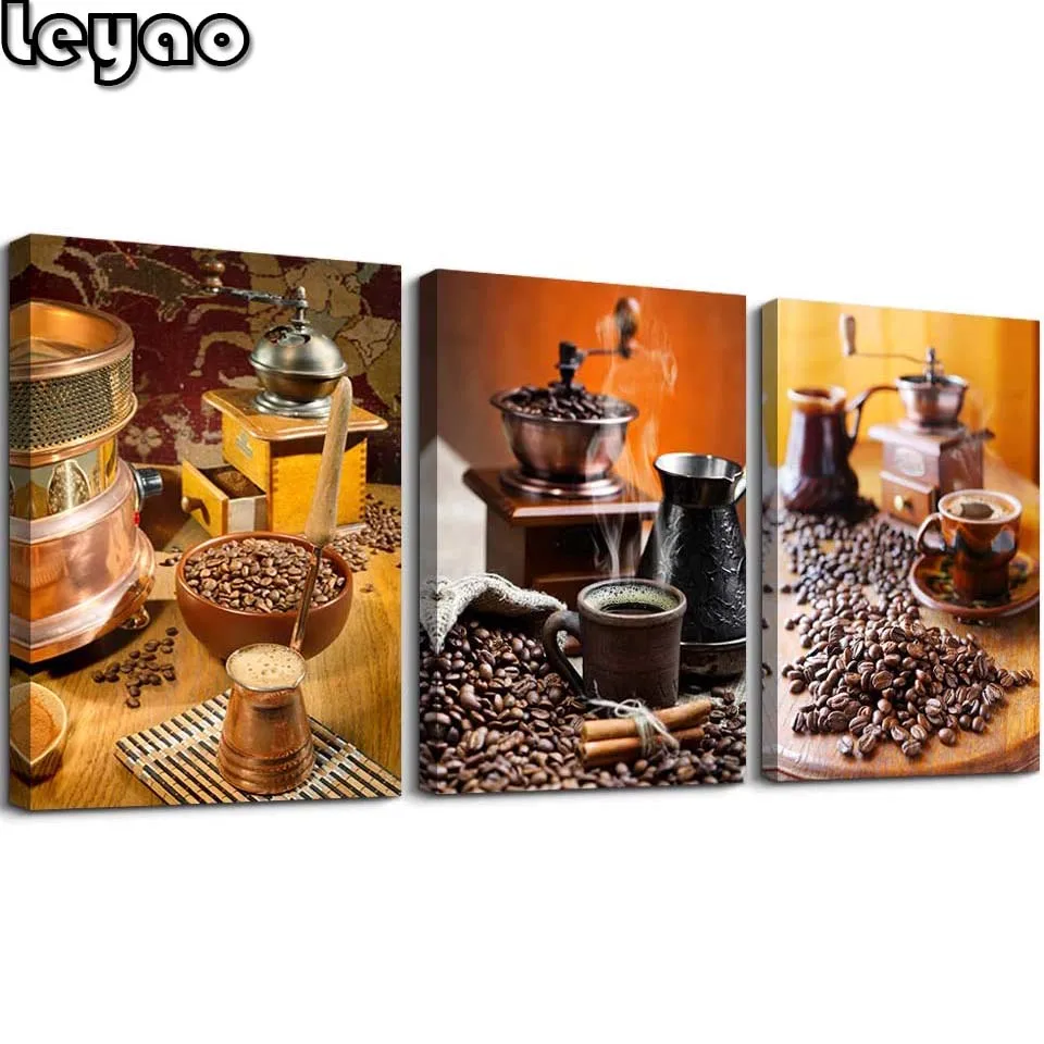 

3 Panels Coffee Bean Diamond Painting Full Square/Round Diy Cross Stitch Diamond Embroidery Mosaic Retro Triptych Home Art Decor