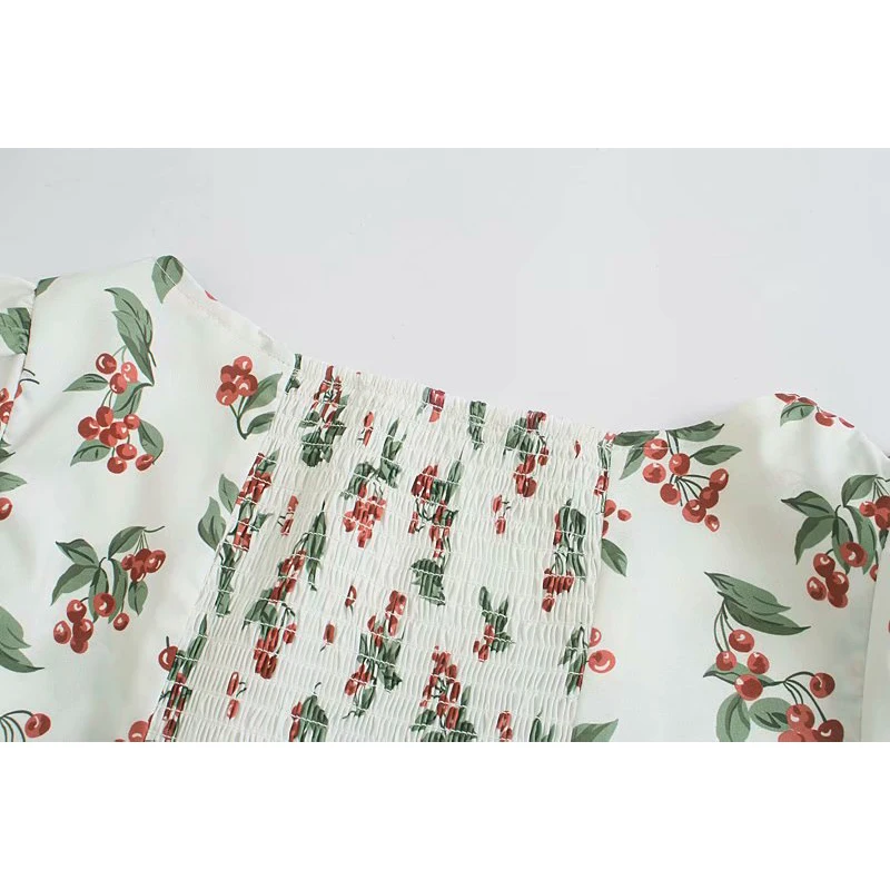 

YENKYE Vintage Print Ladies Dress Sexy V Neck Puff Sleeve Prairie Chic Vestido Women Summer Holiday Party Dress Short Robe