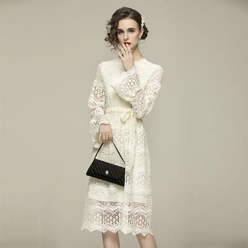 

High Quality Fashion Embroidery Lace Party Dress Summer Women's Flare Sleeve Slim Midi Dresses 2021 New