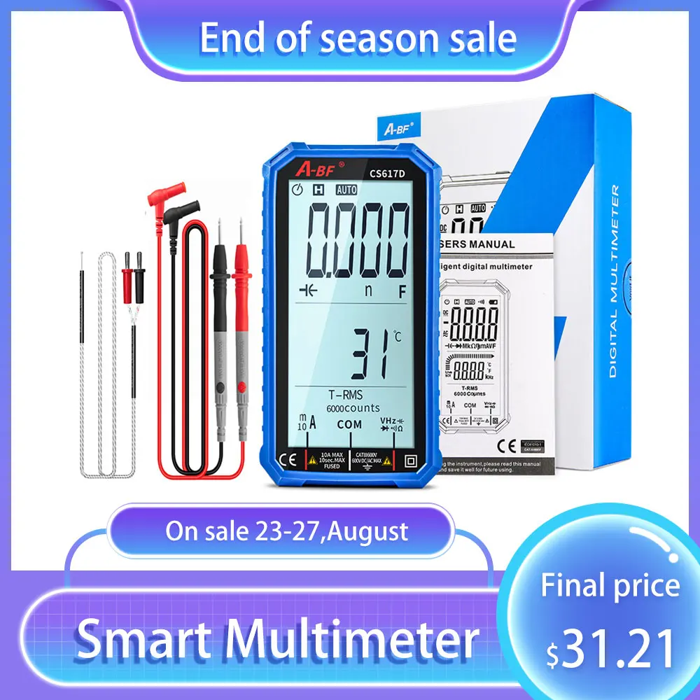 

Цифровой умный мультиметр Φ CS617D LCD 6000 отсчетов True RMS DC AC Напряжение Ток температура сопротивление конденсатор диод NCV Гц DMM