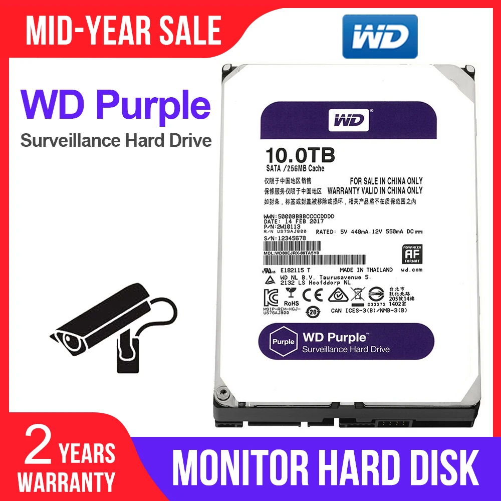 Внутренний жесткий диск Western Digital WD фиолетового цвета 10 ТБ для наблюдения 256 Мб SATA 6