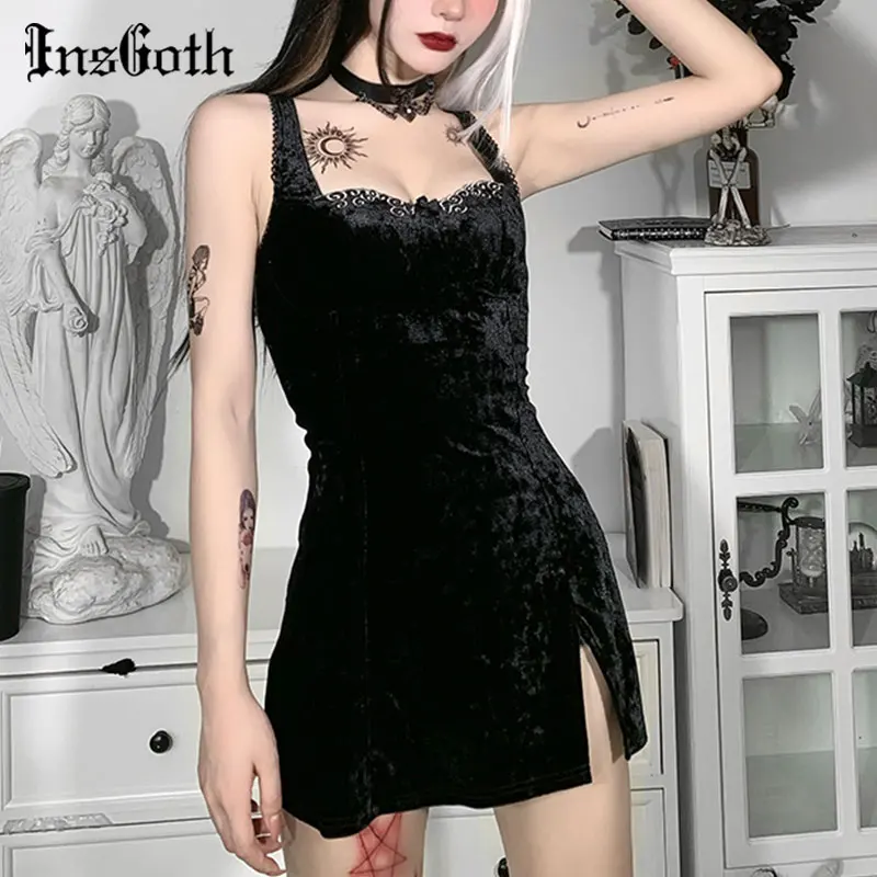 

InsGoth Vintage Velvet Black Mini Dress Goth Aesthetic High Waist Slit Dresses Elegant Party Outfits Sleeveless Summer Dress