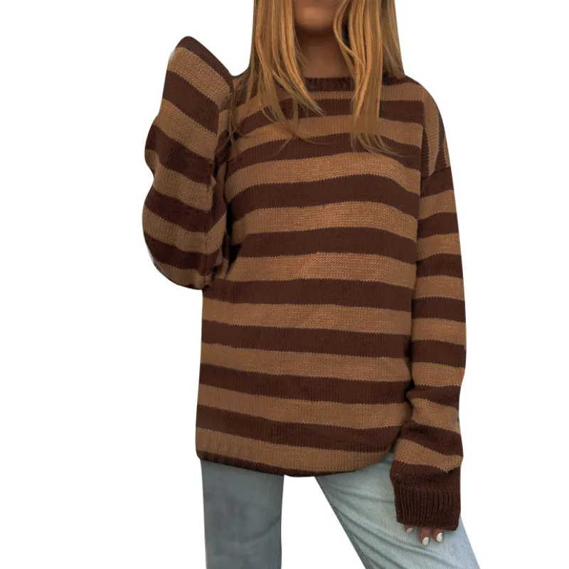 

Женский трикотажный свитер в полоску, кофейные Топы с длинным рукавом и круглым вырезом для зимы и весны, женская одежда
