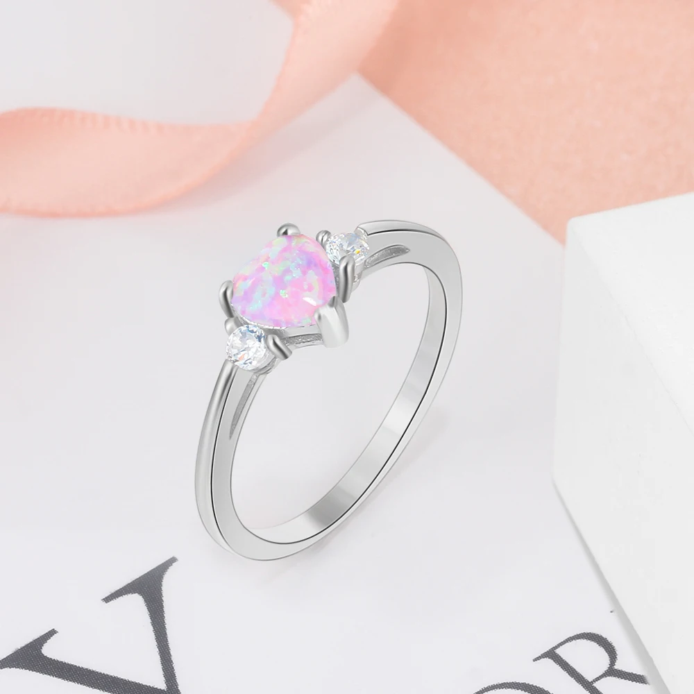 

925 Sterling Silver Wedding Rings Heart Pink Opal Ring Female Finger Ring Engagement Gift for Women Fine Jewelry (Lam Hub Fong)