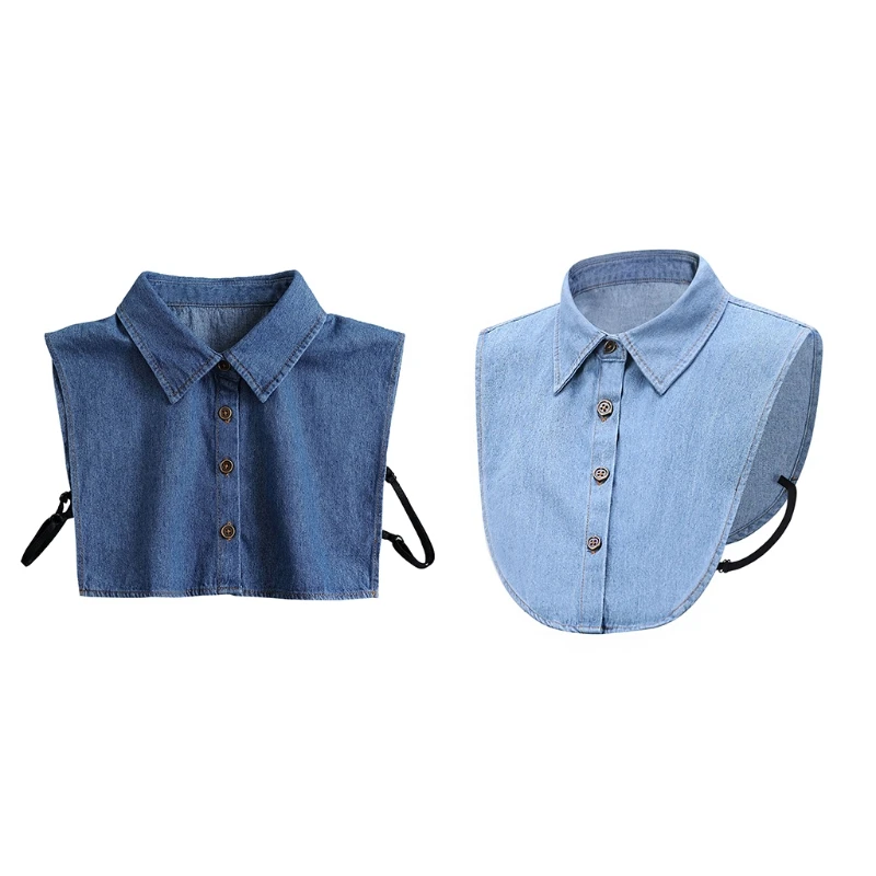 

Unisex Detachable Half Shirt Blouse Blue Denim Cotton Vintage Pointed Lapel False Collar Student Adjustable Dickey Tops 35EF