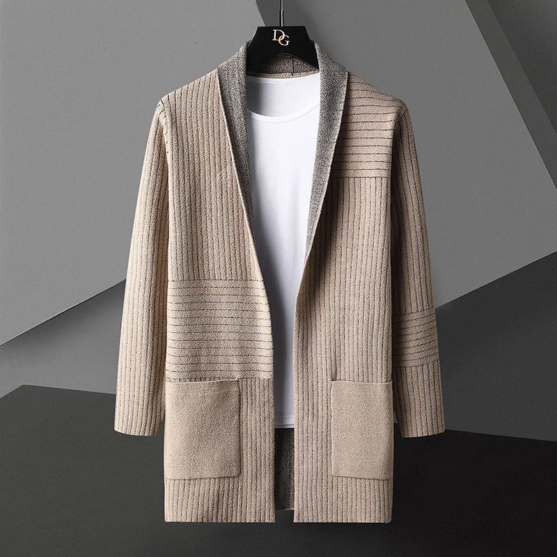 

Designer Color Contrast Cardigan Men Long Coat 2021 Autumn Fashion Knit Striped Cardigan Jacket Men Korean Plus Size Woolen Coat