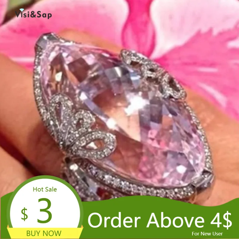 

Visisap 10ct Large Pink Crystal Zircon Rings for Women Icedout Geometric Ring Anniversary Birthday Party Gifts Jewelry H015