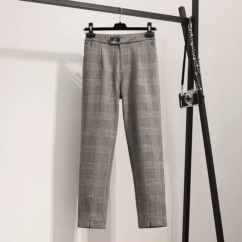 

Spring Autumn Three Pieces Set Women Turn-down Collar Shirt Full Length Straight Plaid Pants Office Lady Suit for Female D81