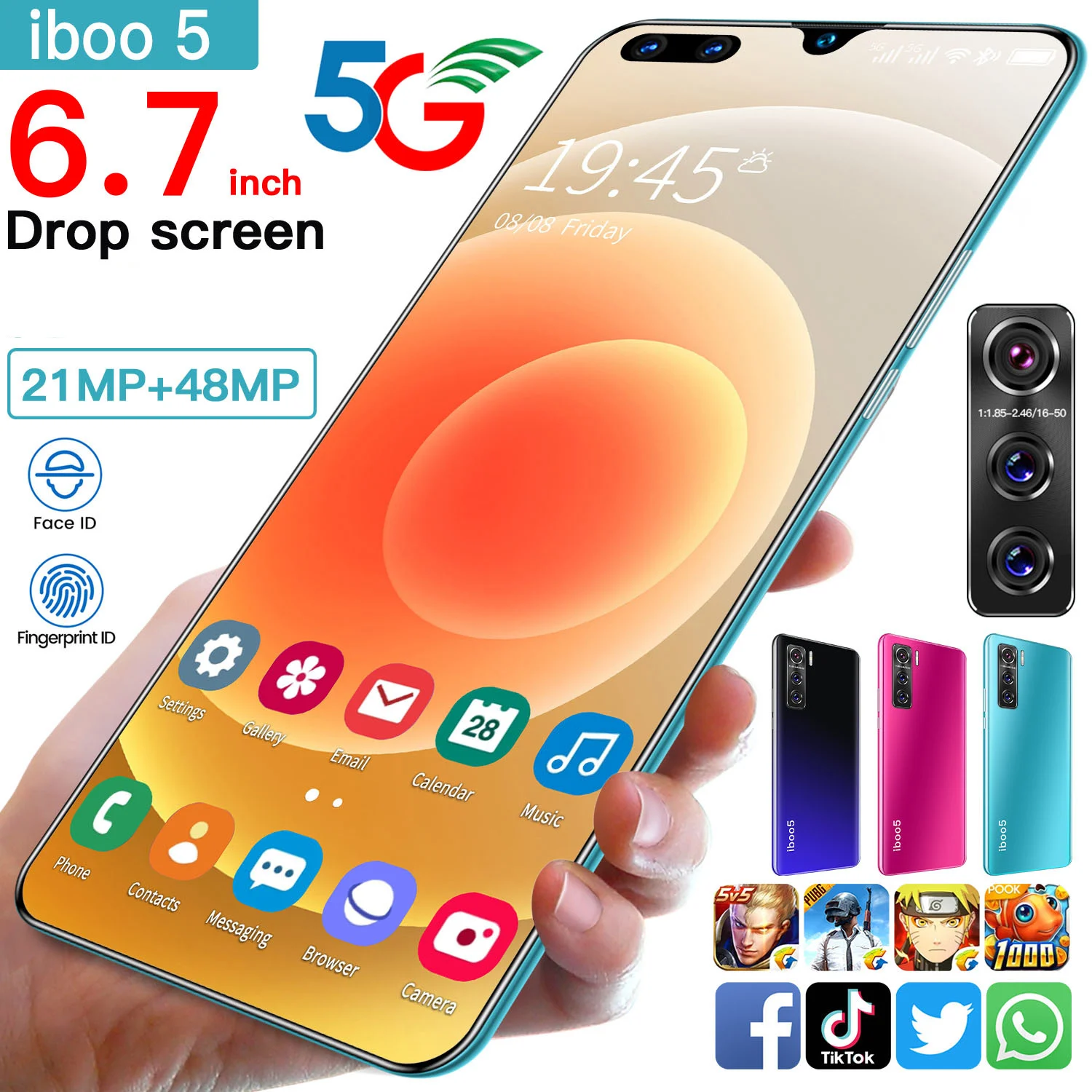 

New iboo5 8+256GB 24+48MP 6.7 Inch Drop Screen Mobile Phones Andriod 10.0 Fingerprint Unlock Deca Core 5600mAh Smart Phones
