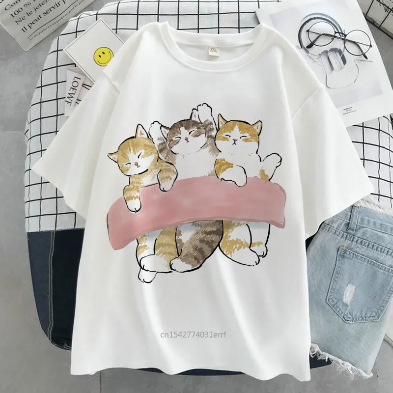 

Cat Kawaii Graphic Print T-shirt Women Tee Harajuku Aesthetic White Tops Casual New Summer Vogue Female T Shirt