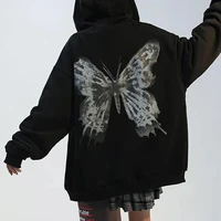 autumn new womens hoodie casual fashion simple style pure color butterfly print loose long sleeve straight zipper womens top