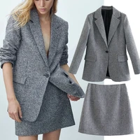 withered england style office lady fashion vintage houndstooth plaid casual blazer women aline high waist mini skirts women sets