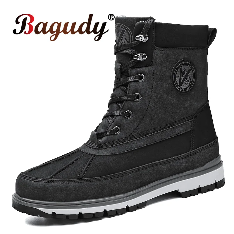 

Winter Men High-top Snow Boots Warm Fur Non-slip Men Hiking Boots Shoes Outdoor Leather Waterproof Platform Work Shoes Big Size