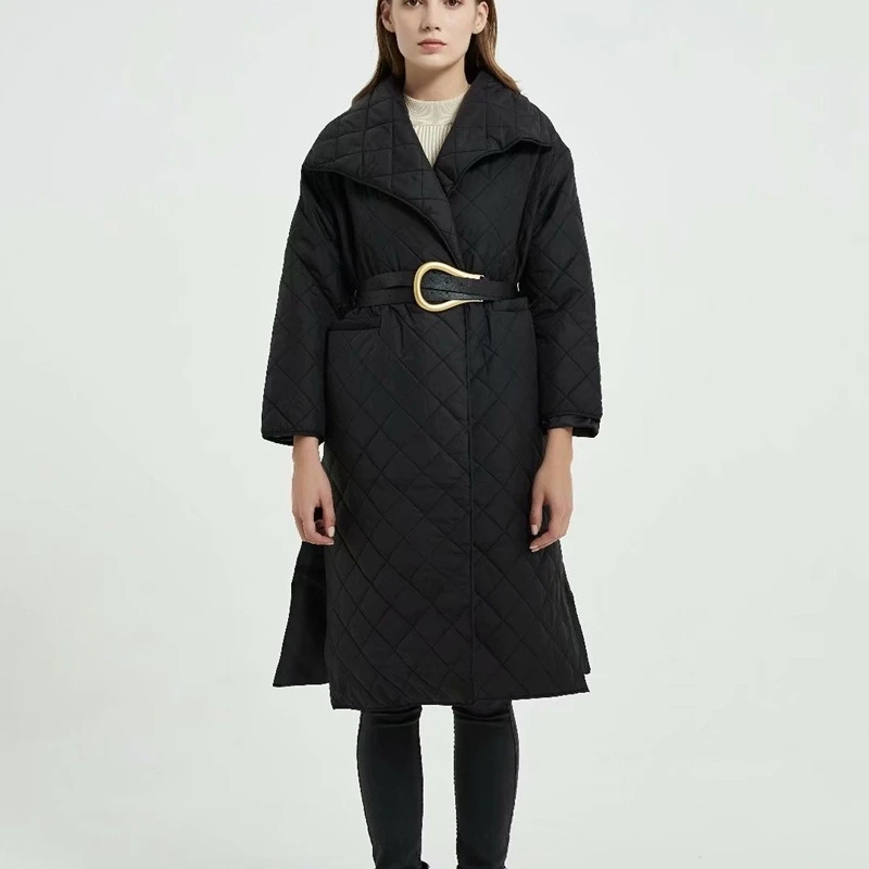

YOSIBCD Women 2021 Fashion Thick Warm With Belt Loose Padded Coat Vintage Long Sleeve Pockets Female Outerwear Chic Overcoat