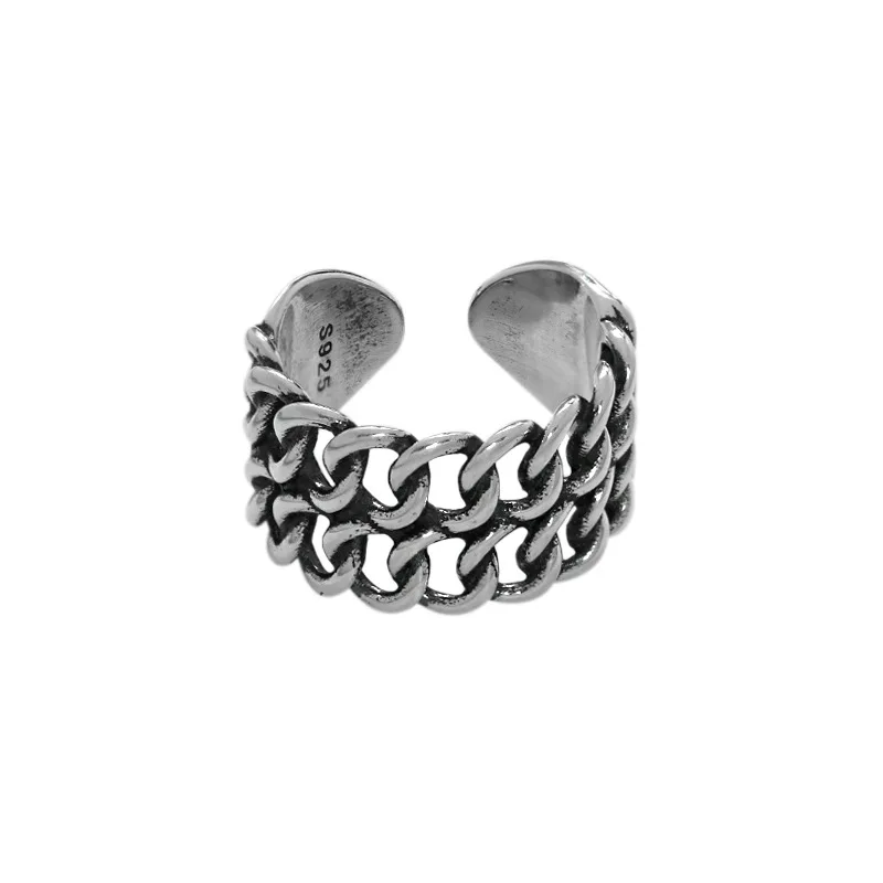 

Vintage S925 sterling silver open ring Thai silver double chain Vintage Adjustable Stacking Wide Chunky Ring Women Jewelry